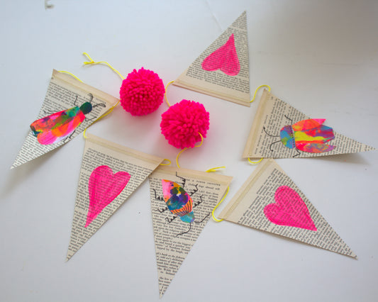 Vintage Book Page Bunting with Bugs & Hearts – Handmade Collaged Art Garland